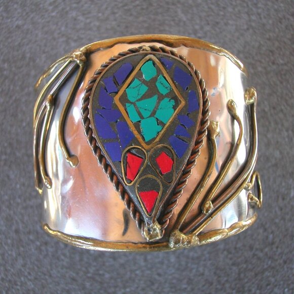 Wide Brass & Silver-Tone Cuff Bracelet With Mosaic Inlay Design SZ 7 - Picture 1 of 3